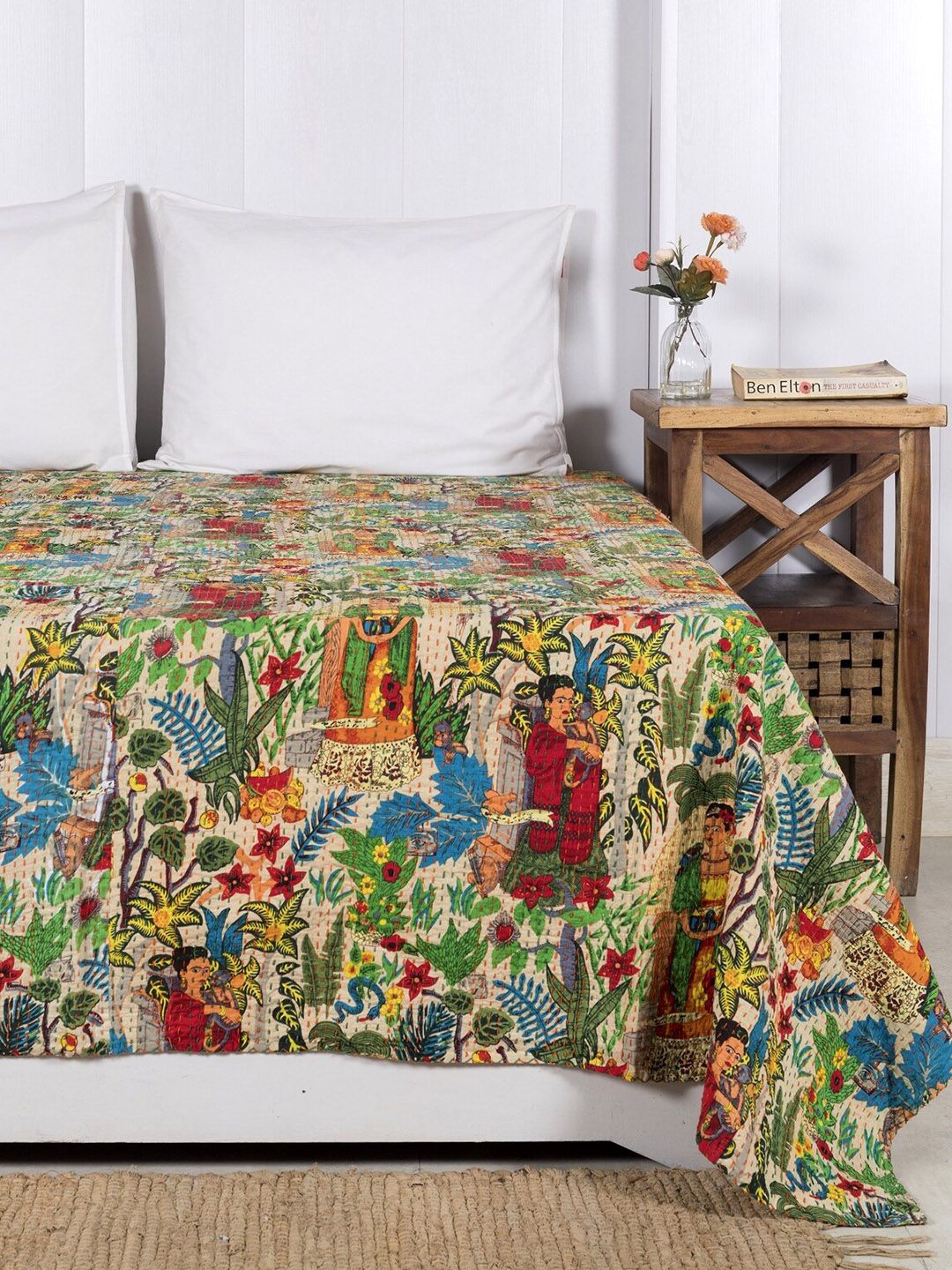 HANDICRAFT PALACE Multicolor Kantha Embroidered Cotton Double Queen Bed Cover Price in India