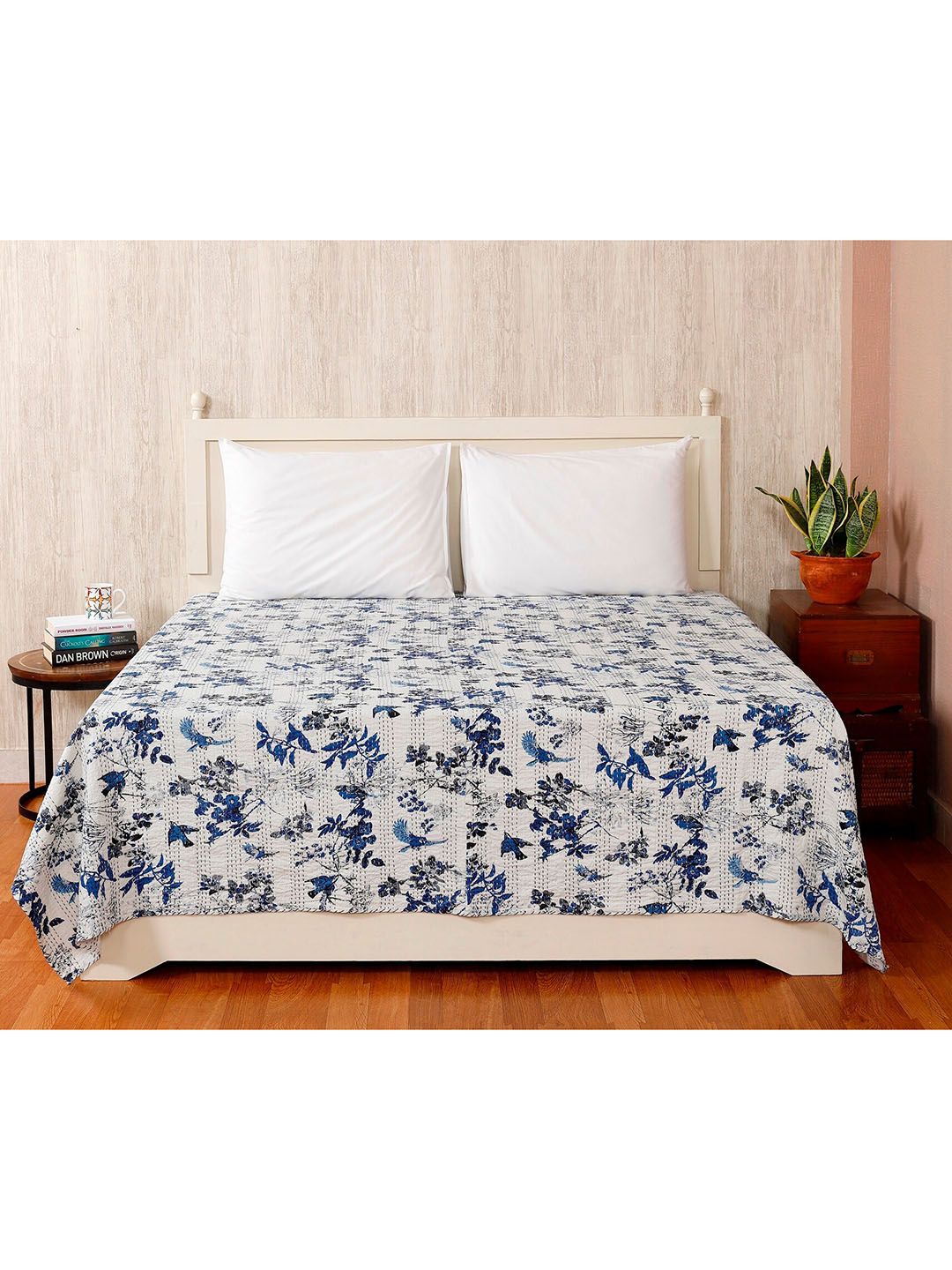 HANDICRAFT PALACE White & Blue Kantha Embroidered Cotton Double Queen Bed Cover Price in India