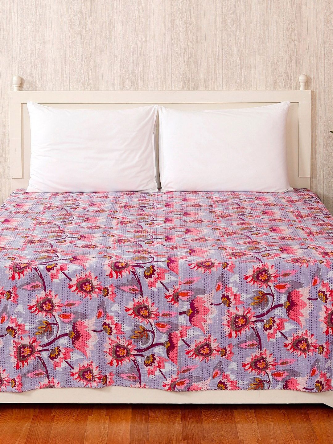 HANDICRAFT PALACE Grey & Pink Floral Printed Kantha Embroidered Cotton Double Bed Cover Price in India