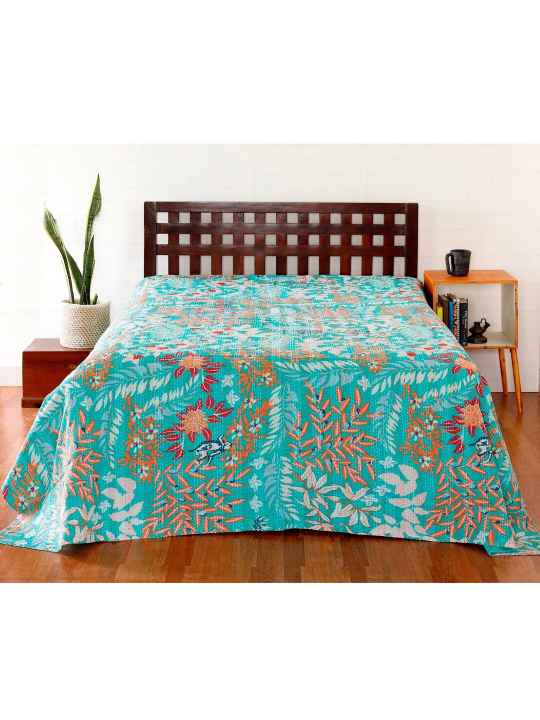 HANDICRAFT PALACE Green Kantha Embroidered Cotton Double Queen Bed Cover Price in India