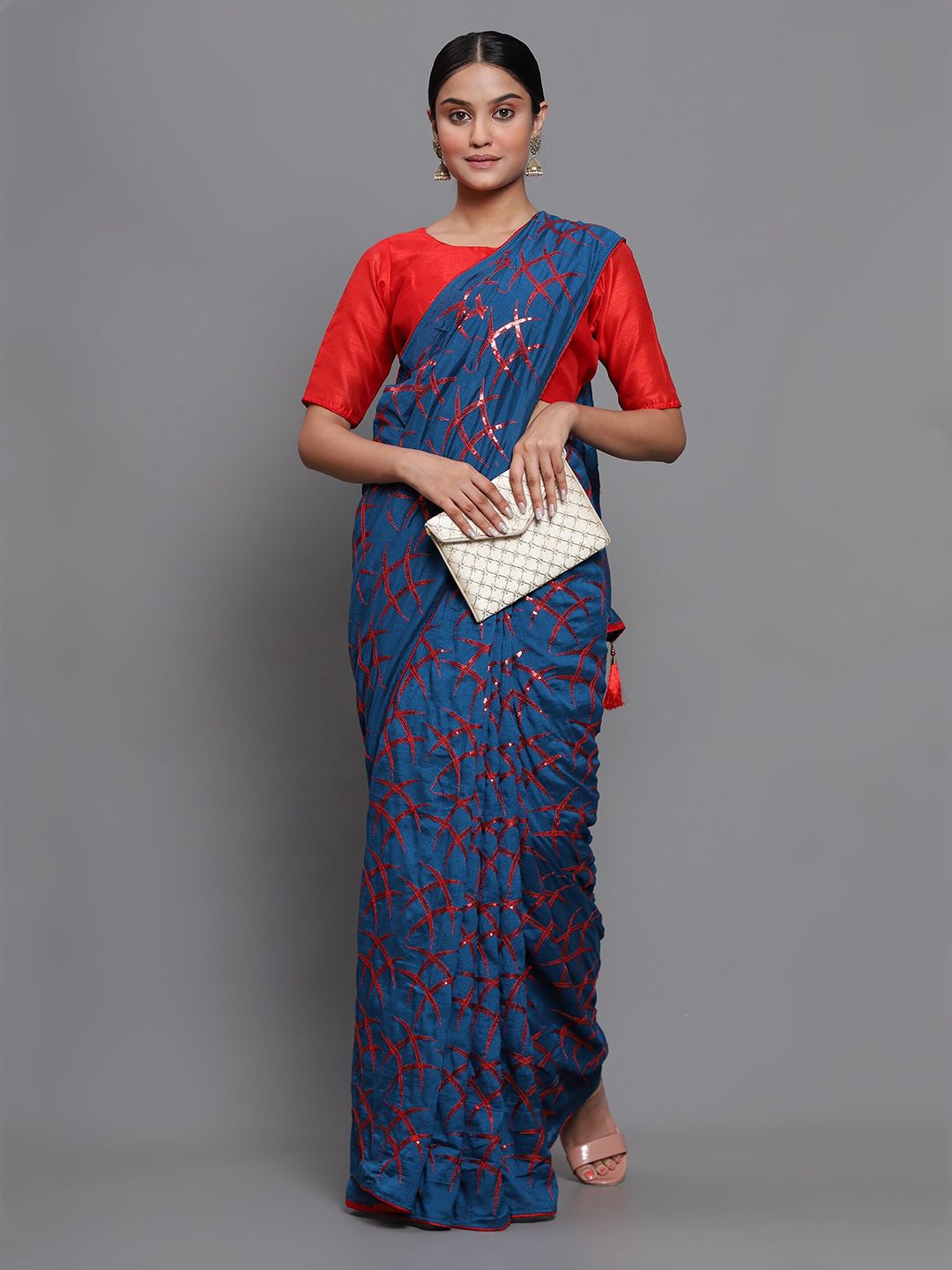 3BUDDY FASHION Turquoise Blue & Red Embellished Sequined Jute Silk Maheshwari Saree Price in India