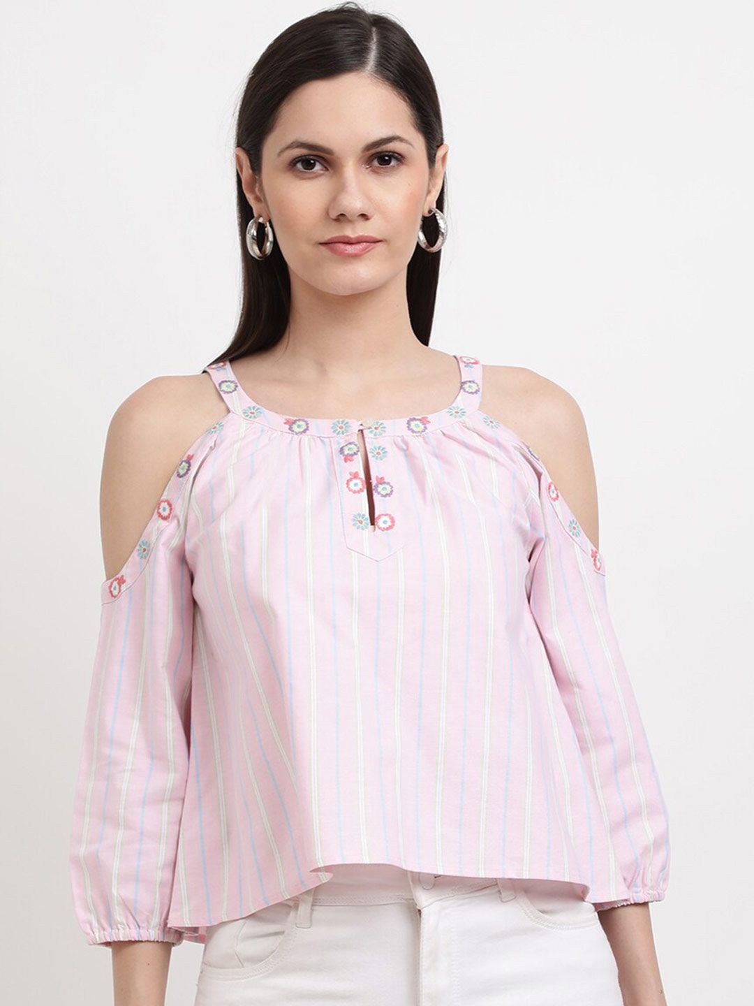 ELLE Women Pink Striped Cold Shoulder Cotton Top Price in India