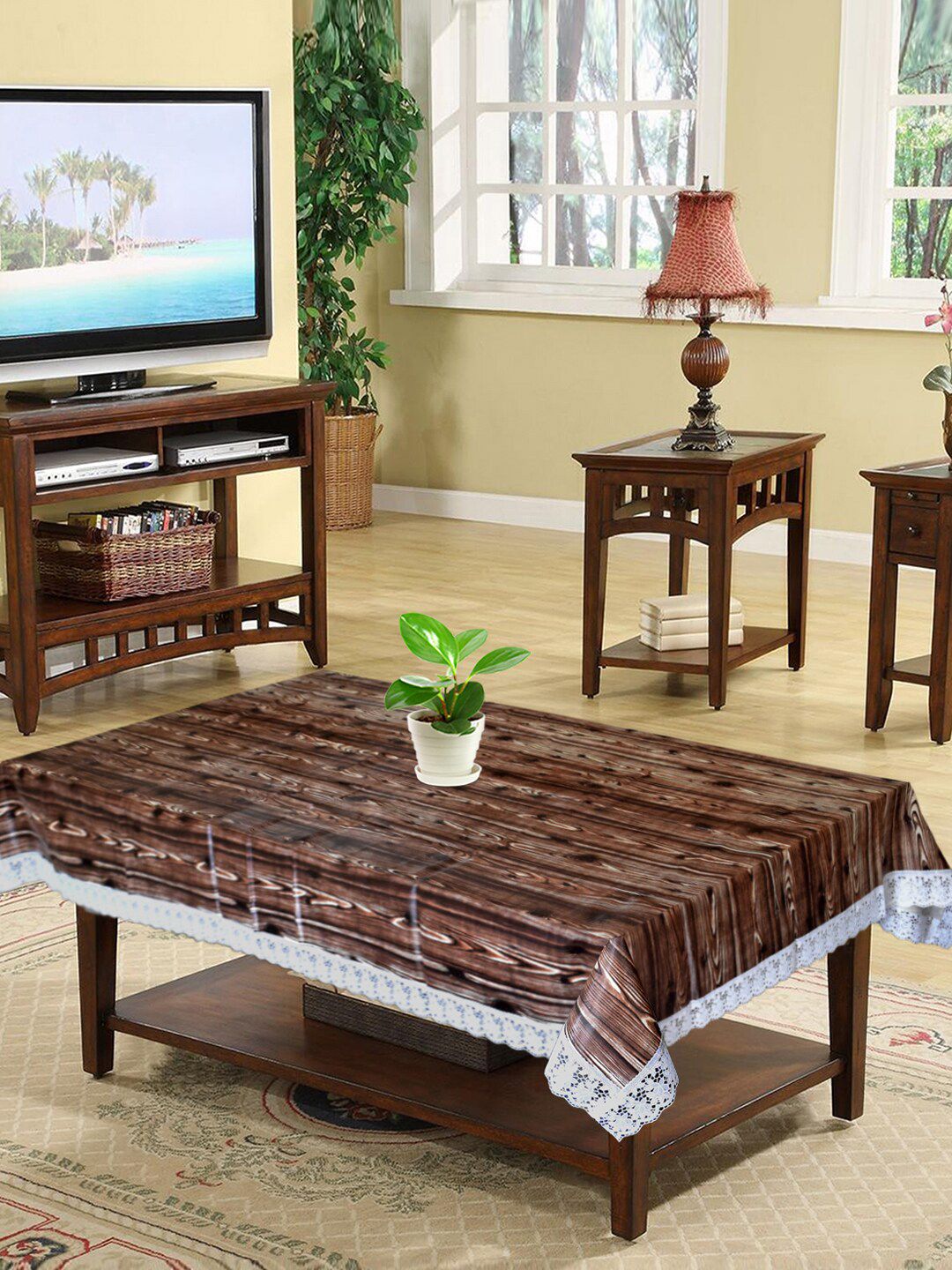 Kuber Industries Brown Printed 4-Seater Rectangle Plastic Table Cover Price in India