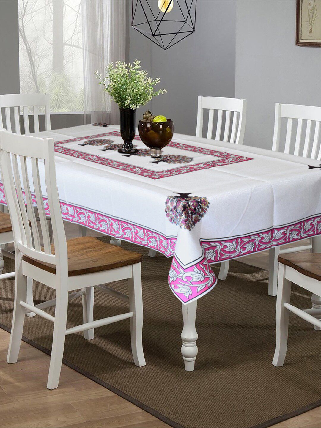 Kuber Industries White & Pink Printed 6 Seater Table Cover Price in India