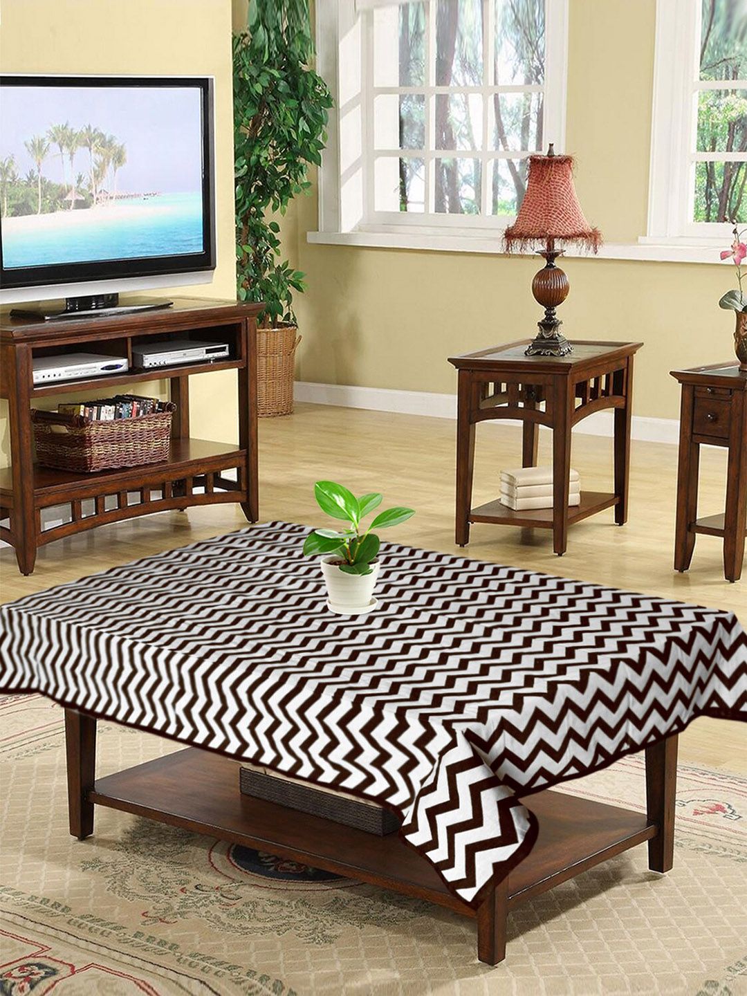 Kuber Industries Brown & White Printed 4 Seater Cotton Table Cover Price in India