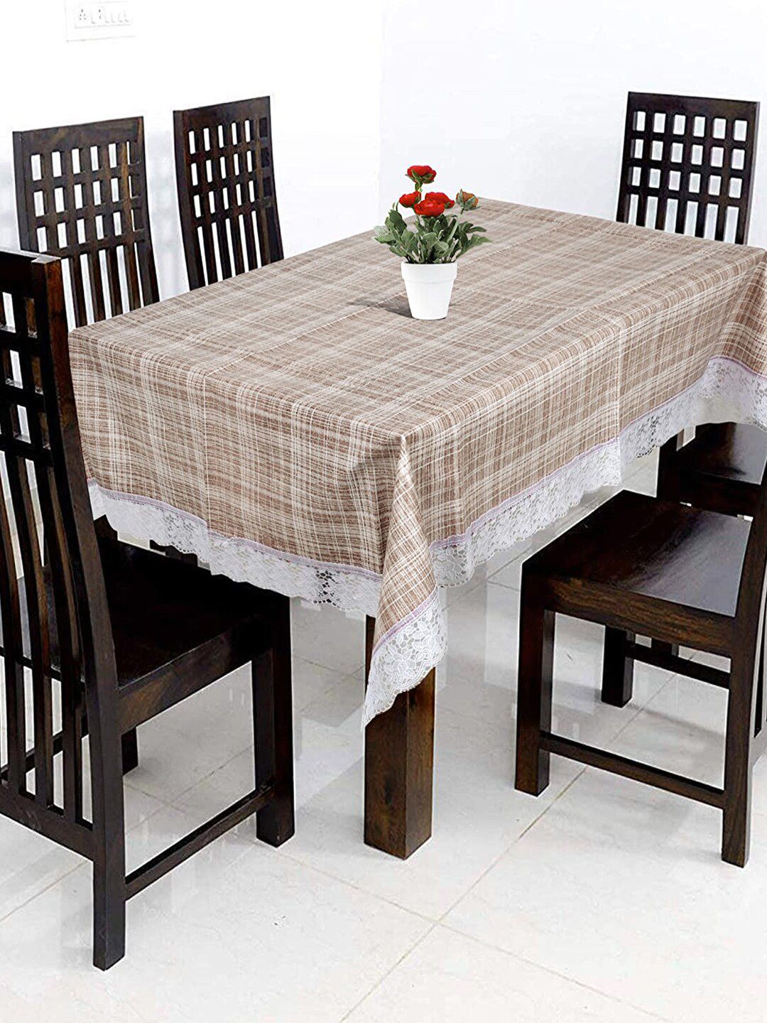 Kuber Industries  Brown & White Printed 6 Seater Table Cover Price in India