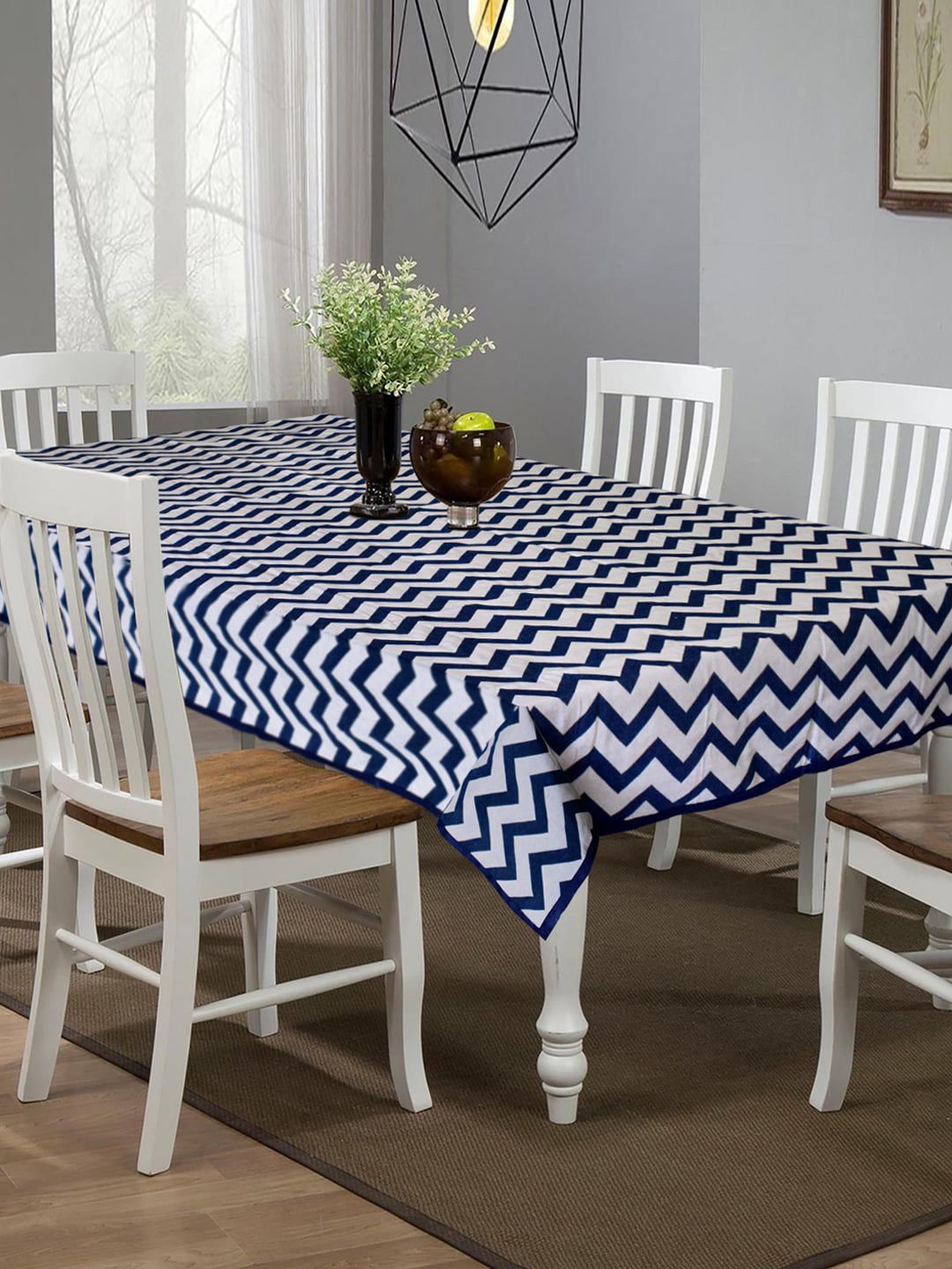 Kuber Industries Blue & White Printed 6-Seater Rectangle Cotton Table Cover Price in India