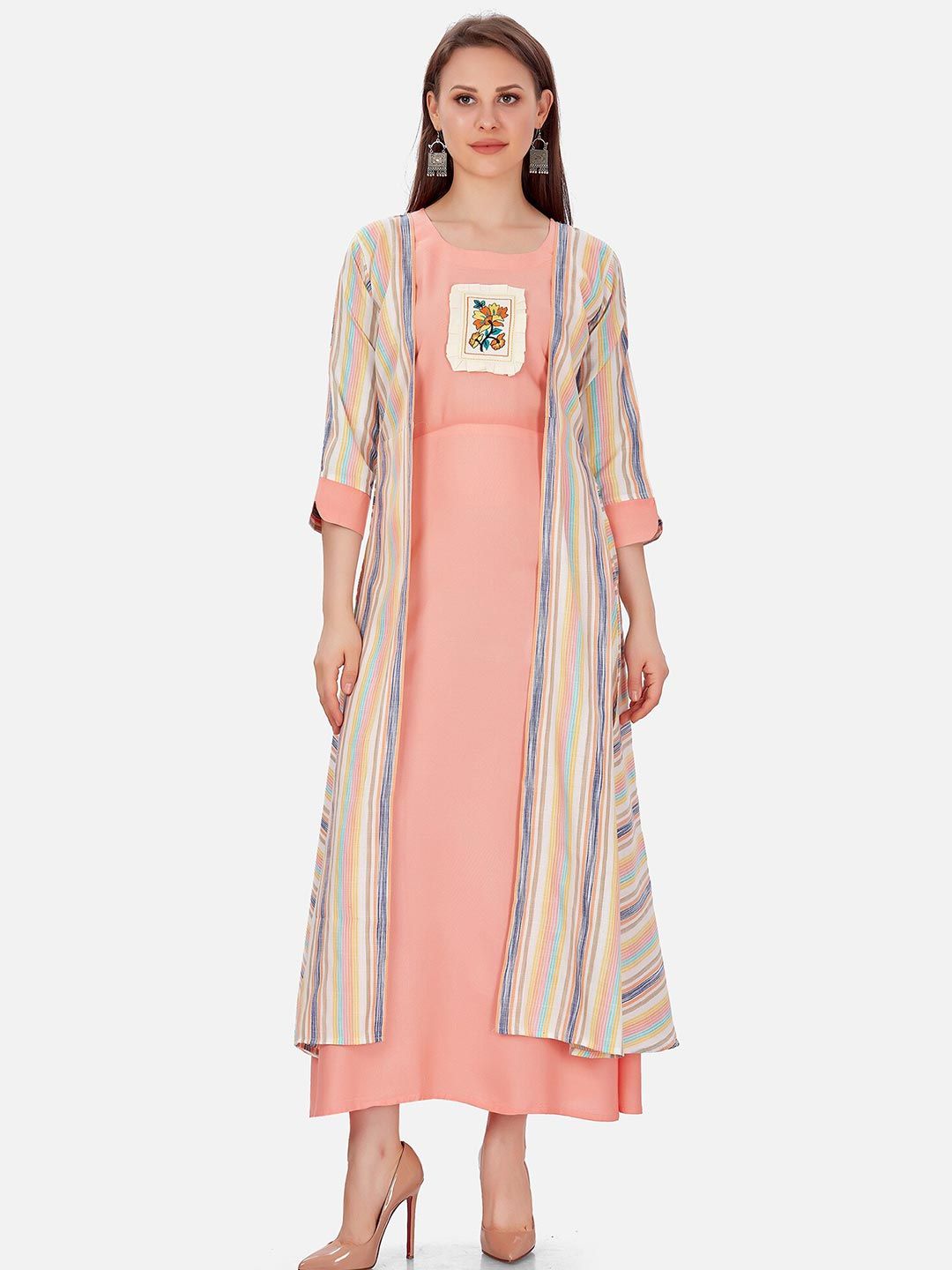 Kiana Peach-Coloured Maxi Dress With Separate Stripped Shrug Price in India