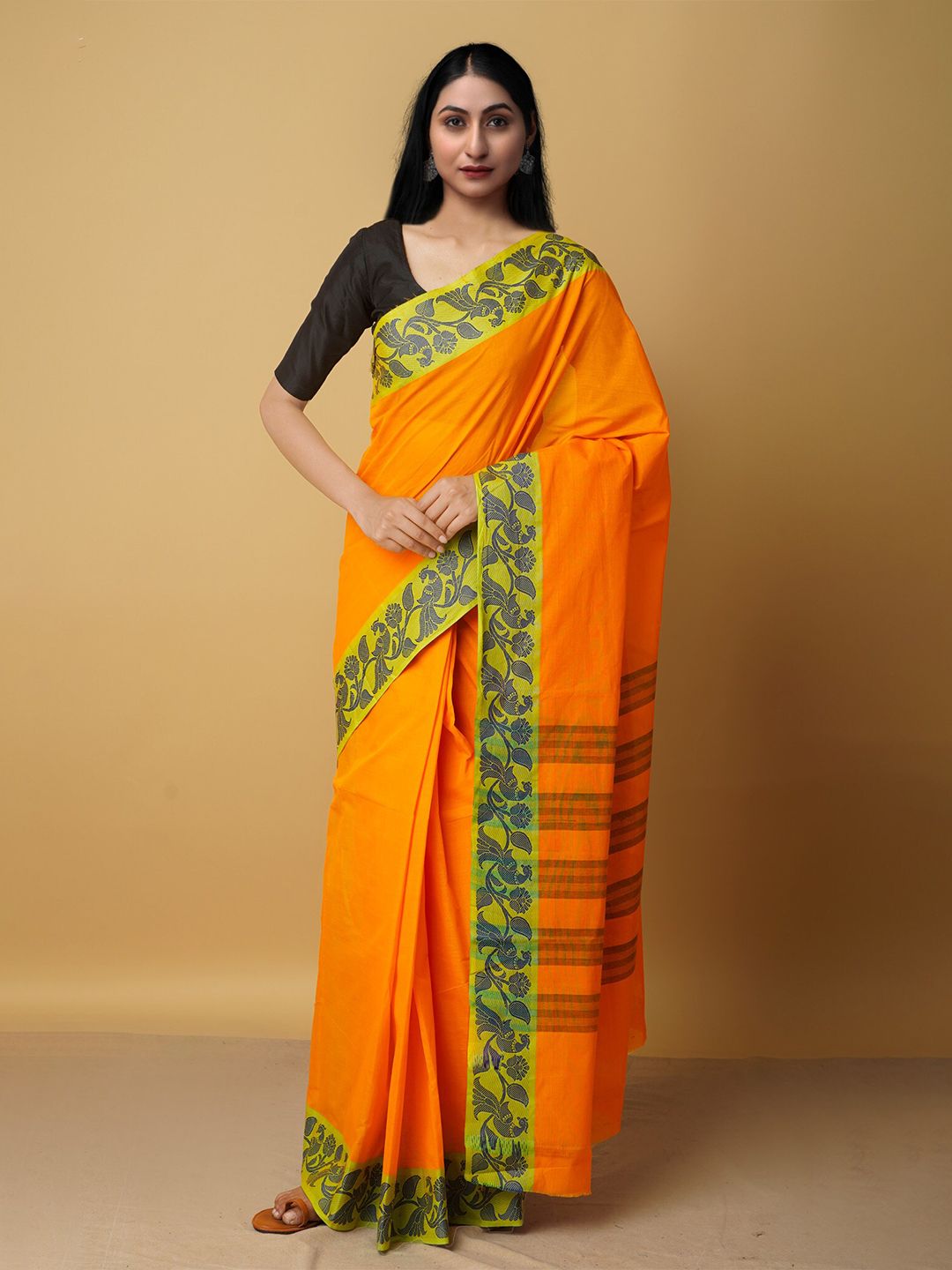 Unnati Silks Women Orange & Green Pure Cotton Venkatgiri Saree Price in India