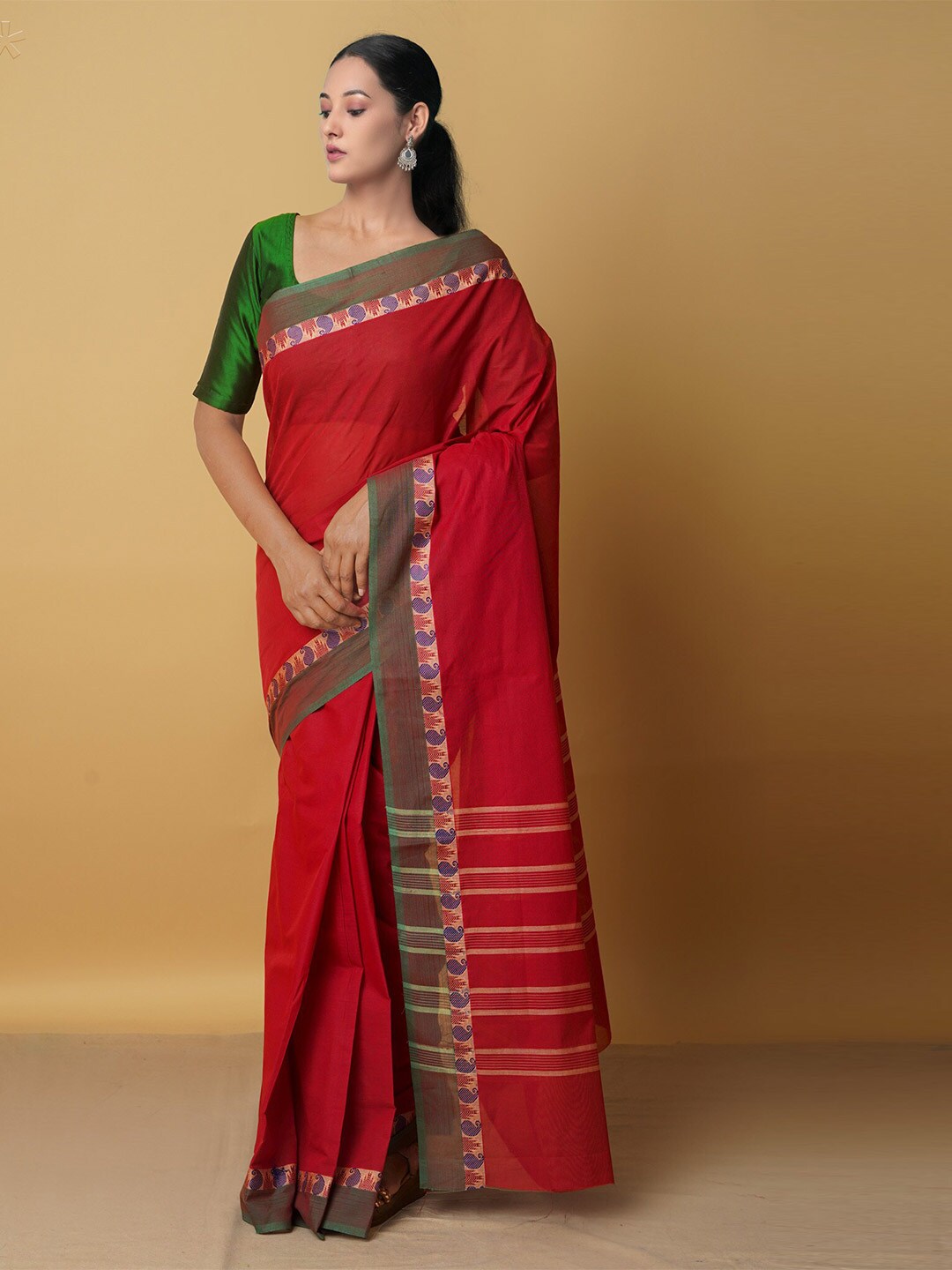 Unnati Silks Women Red & Green Zari Pure Cotton Venkatagiri Saree Price in India