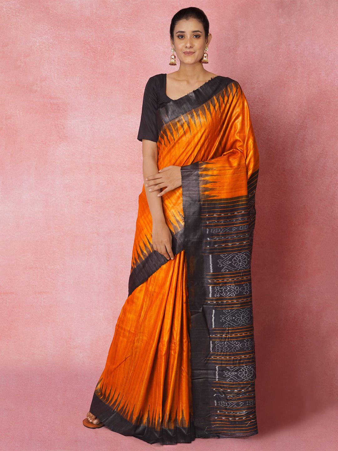 Unnati Silks Orange & Blue Woven Design Jute Cotton Jamdani Saree Price in India