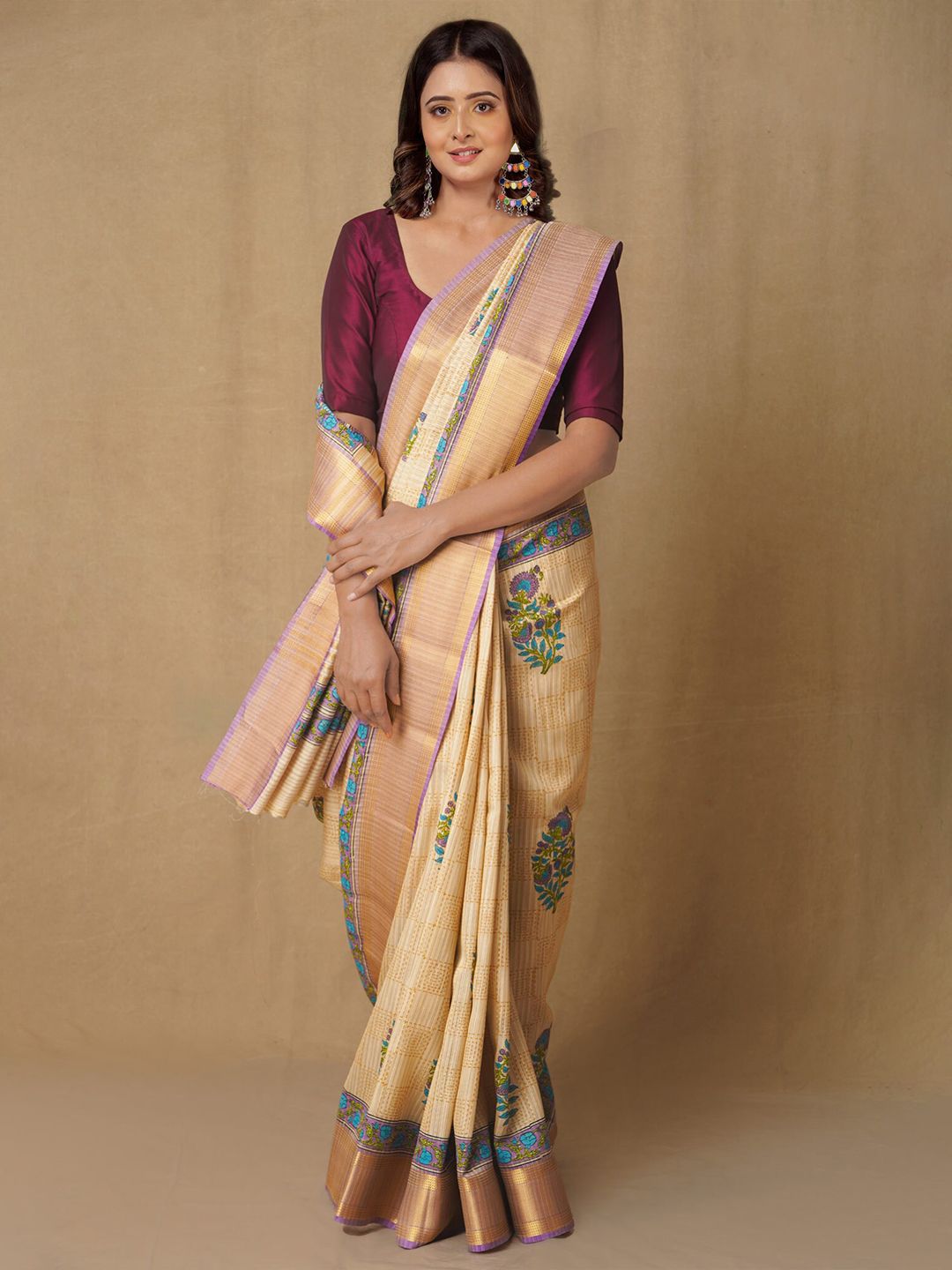 Unnati Silks Brown & Blue Ethnic Motifs Silk Blend Tussar Saree Price in India