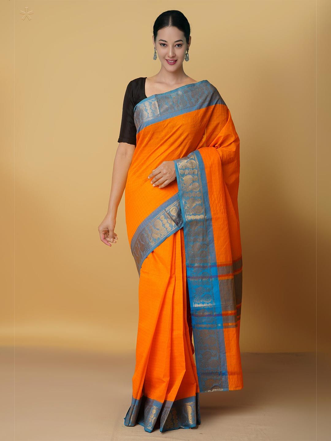 Unnati Silks Orange & Blue Ethnic Motifs Pure Cotton Venkatgiri Saree Price in India