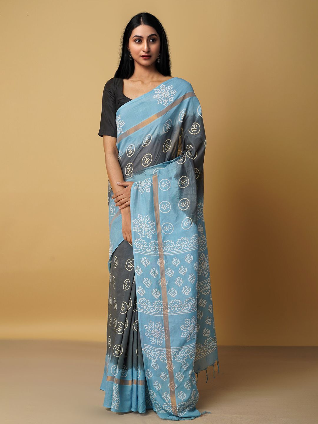 Unnati Silks Blue & Green Ethnic Motifs Silk Blend Baluchari Saree Price in India