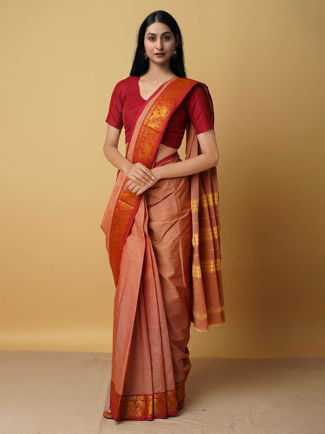 Unnati Silks Maroon & Gold-Toned Ethnic Motifs Zari Pure Cotton Venkatgiri Saree Price in India