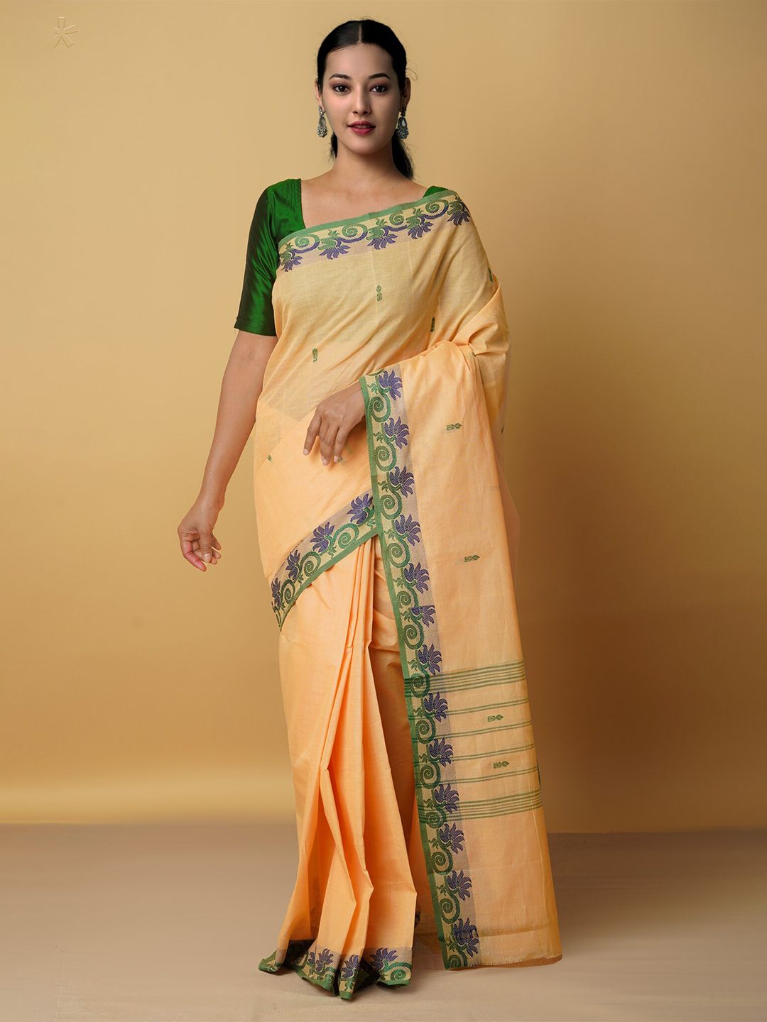 Unnati Silks Women Cream-Coloured & Green Woven Design Pure Cotton Venkatgiri Saree Price in India