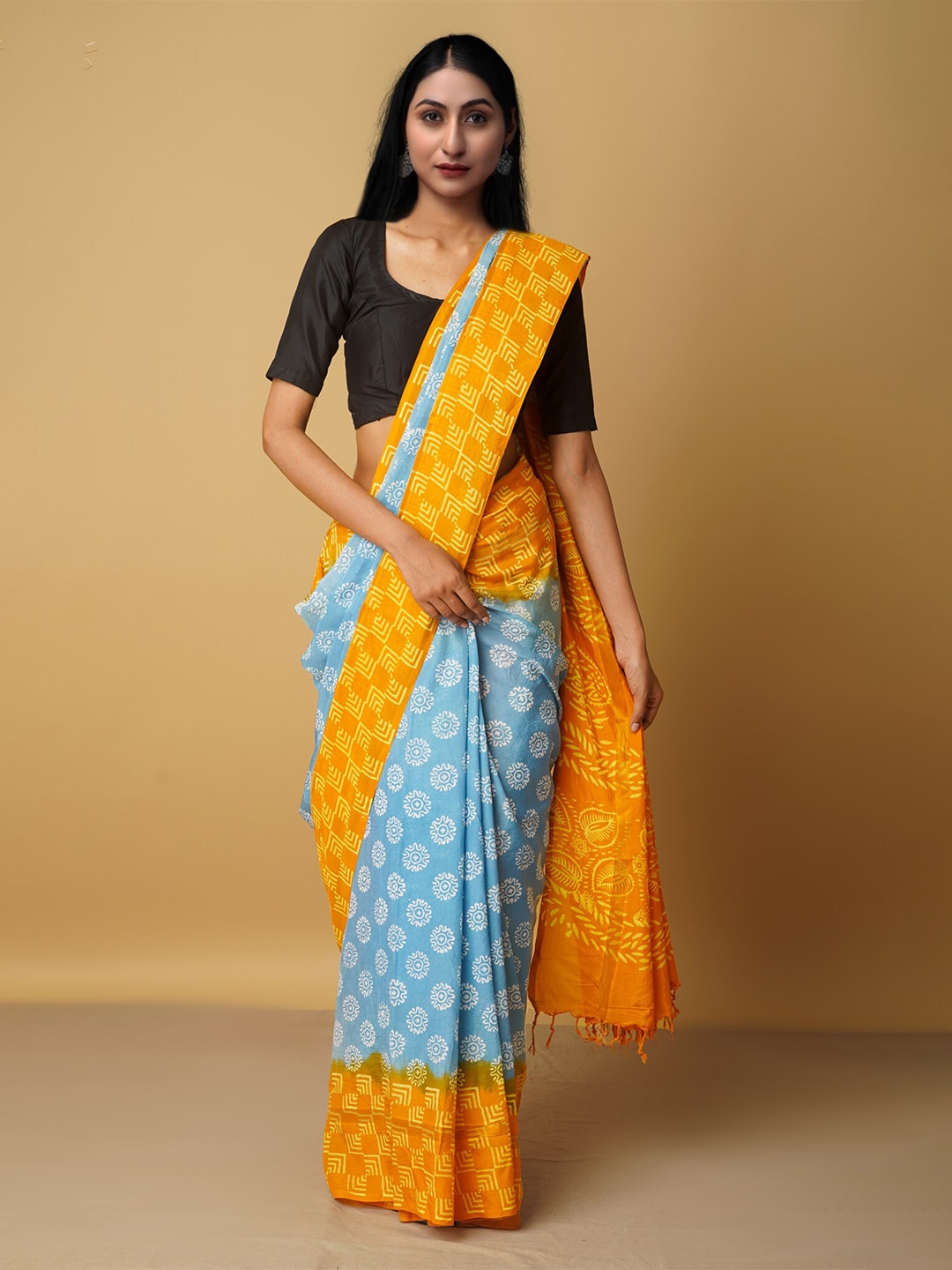 Unnati Silks Blue & Orange Ethnic Motifs Silk Blend Baluchari Saree Price in India