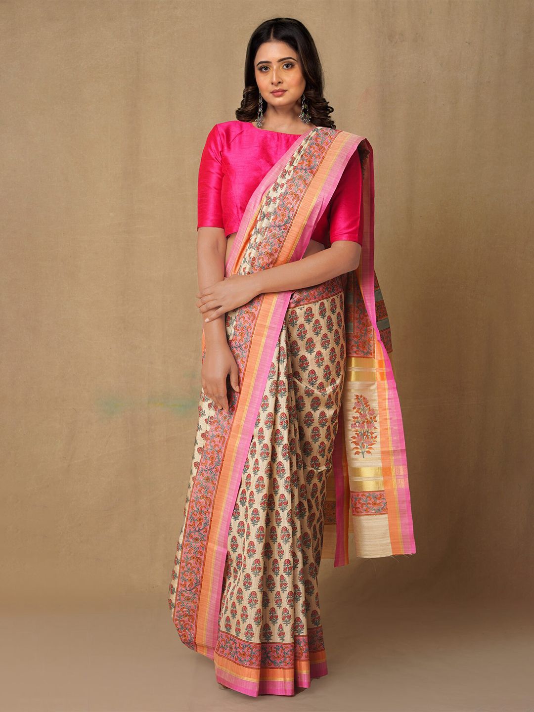 Unnati Silks Brown & Pink Ethnic Motifs Zari Silk Blend Tussar Saree Price in India