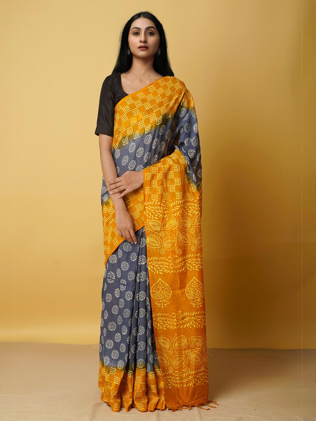 Unnati Silks Navy Blue & Yellow Ethnic Motifs Silk Blend Baluchari Saree Price in India