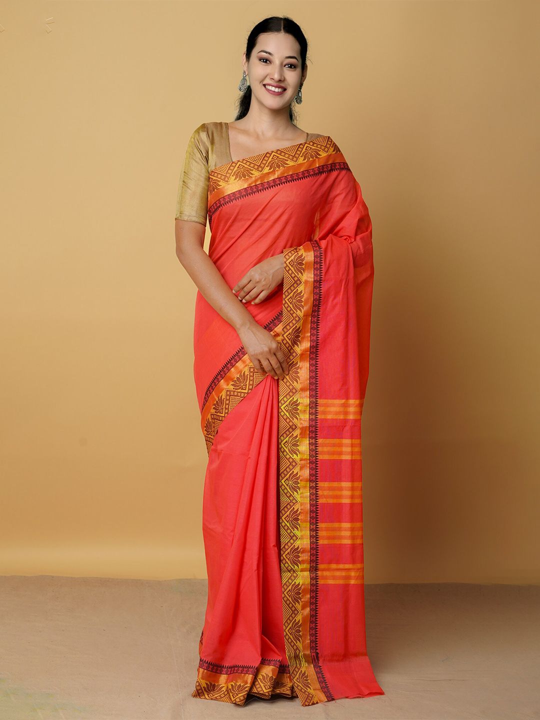 Unnati Silks Maroon & Yellow Woven Design Zari Pure Cotton Venkatgiri Saree Price in India