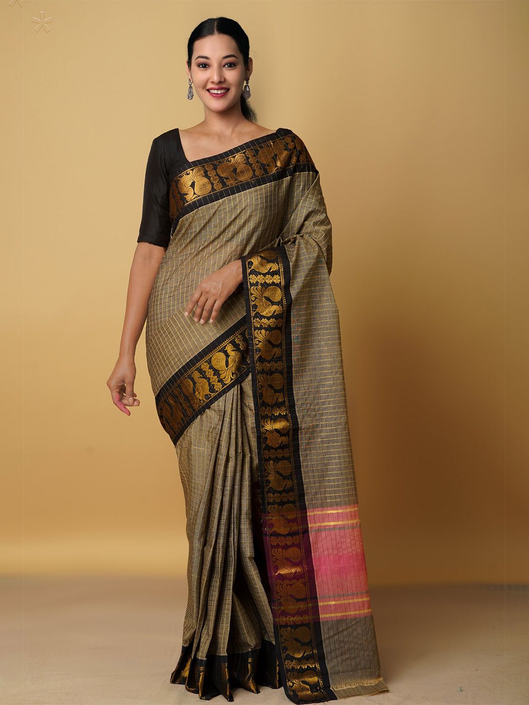 Unnati Silks Grey & Red Woven Design Zari Pure Cotton Venkatgiri Saree Price in India