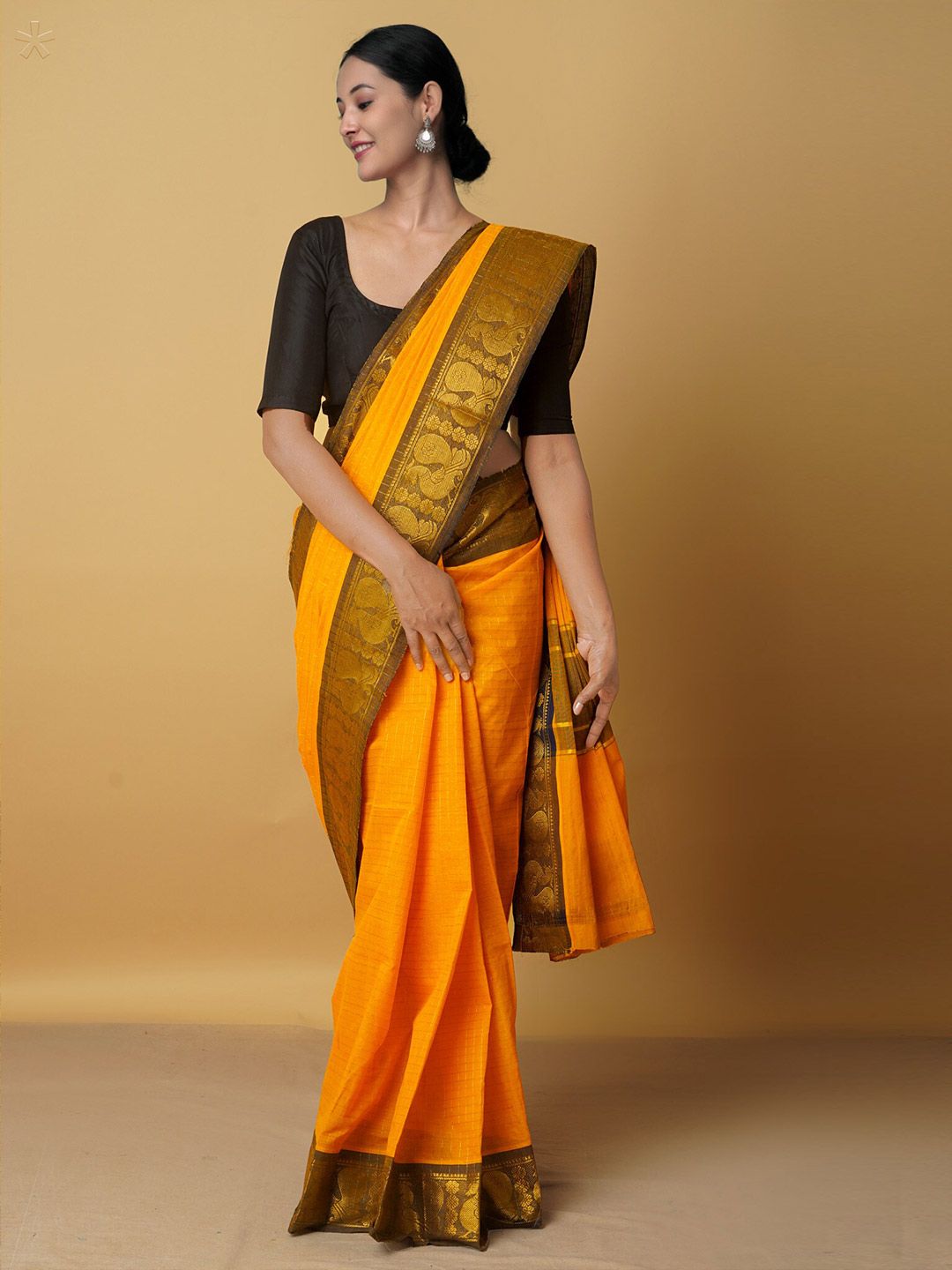 Unnati Silks Orange & Brown Woven Design Zari Pure Cotton Saree Price in India