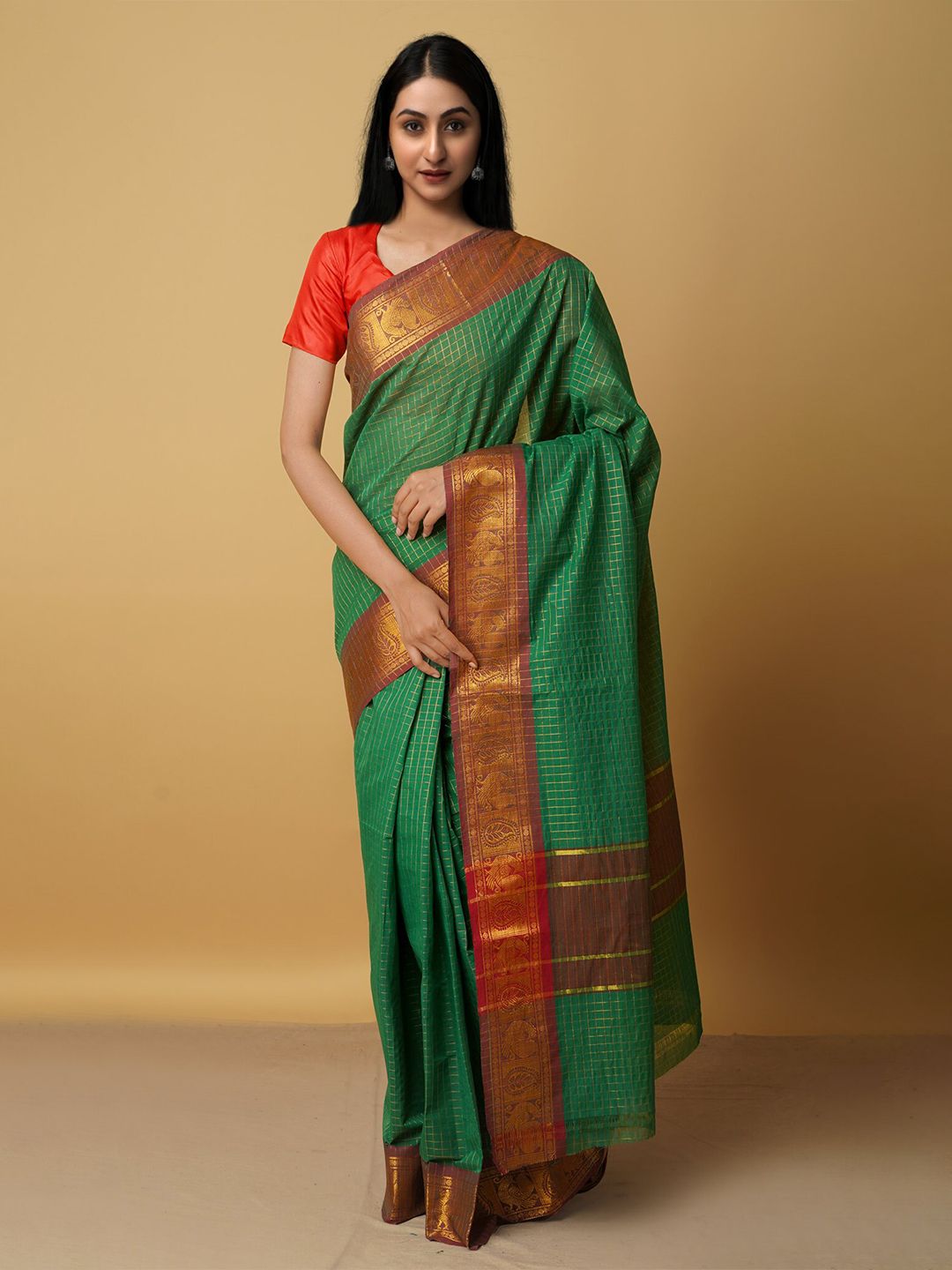 Unnati Silks Green & Red Woven Design Zari Pure Cotton Venkatgiri Saree Price in India