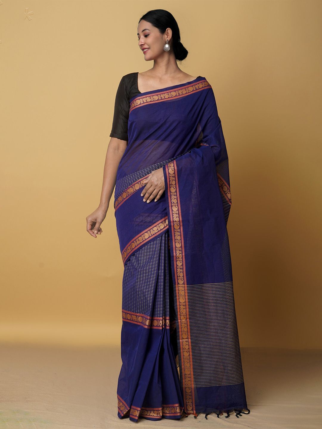 Unnati Silks Blue & Gold-Toned Woven Design Zari Pure Cotton Chettinad Saree Price in India