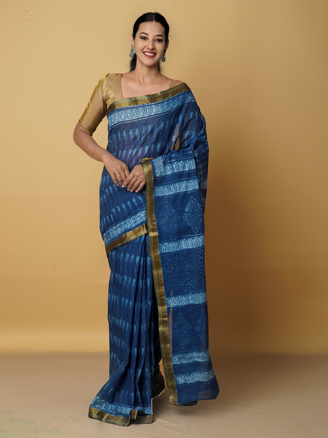 Unnati Silks Navy Blue & Gold-Toned Ethnic Motifs Zari Pure Cotton Saree Price in India