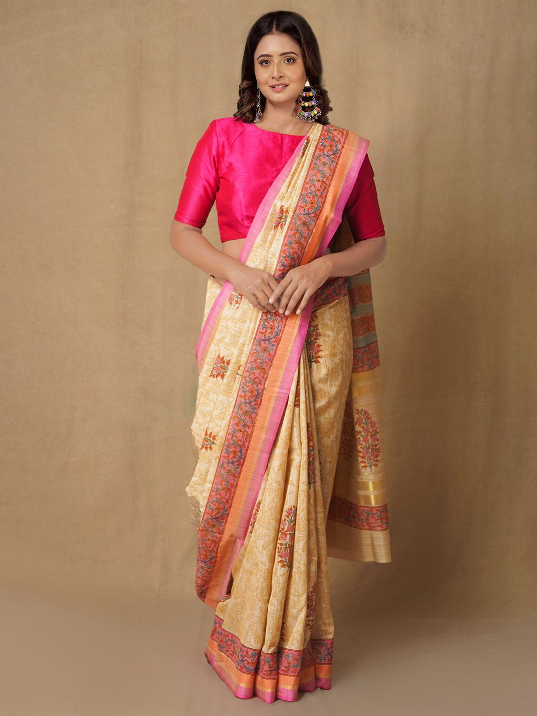 Unnati Silks Brown & Green Ethnic Motifs Zari Silk Blend Tussar Saree Price in India