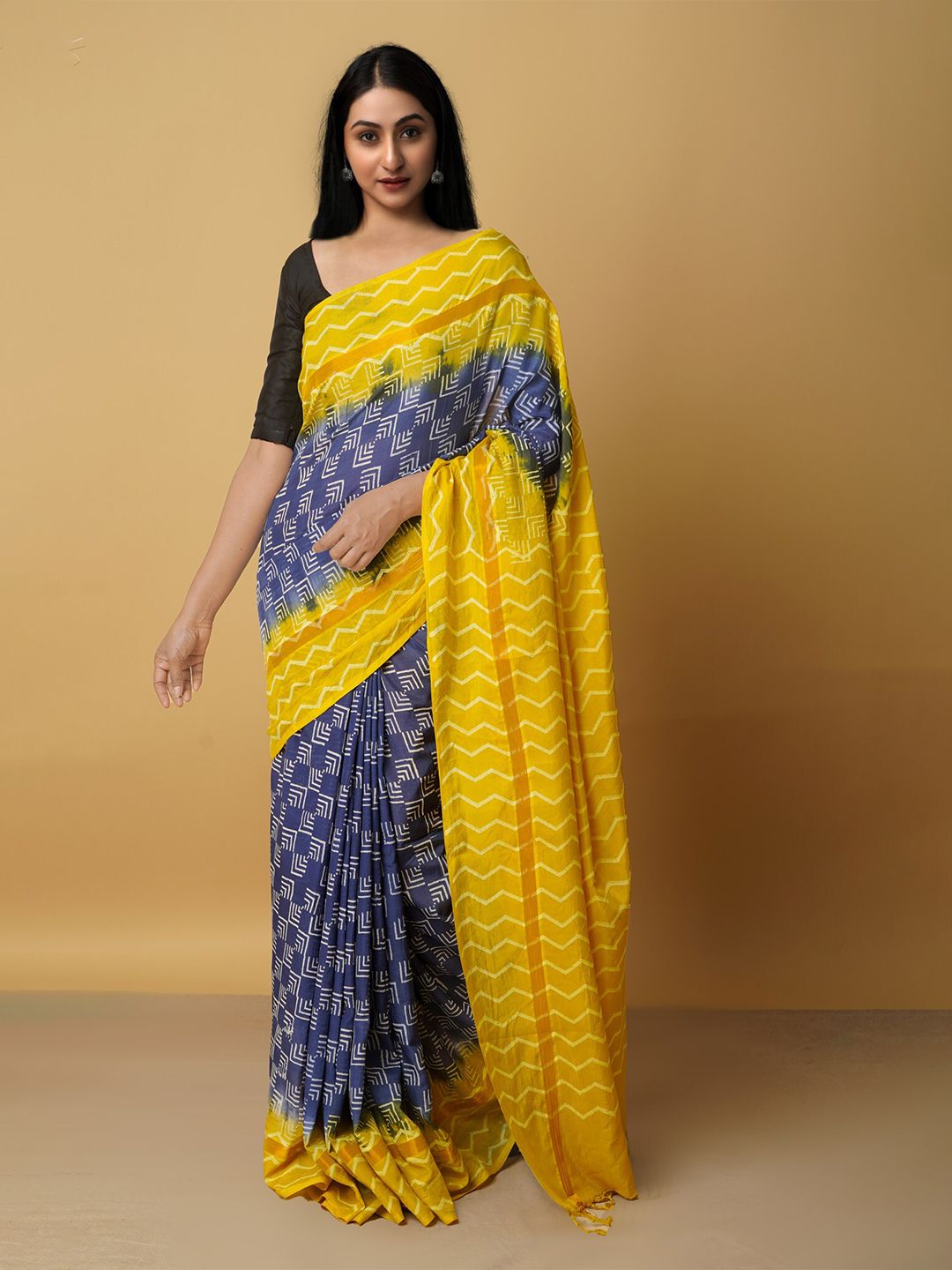 Unnati Silks Navy Blue & Yellow Zari Silk Blend Baluchari Saree Price in India