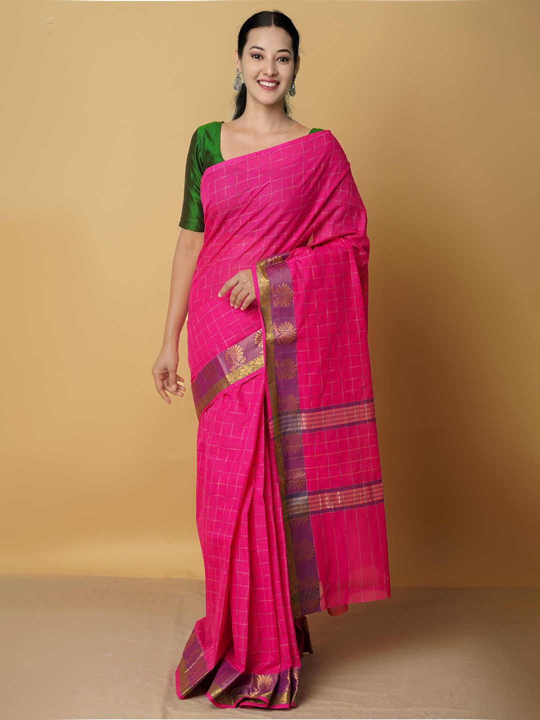Unnati Silks Pink & Blue Woven Design Zari Pure Cotton Venkatgiri Saree Price in India