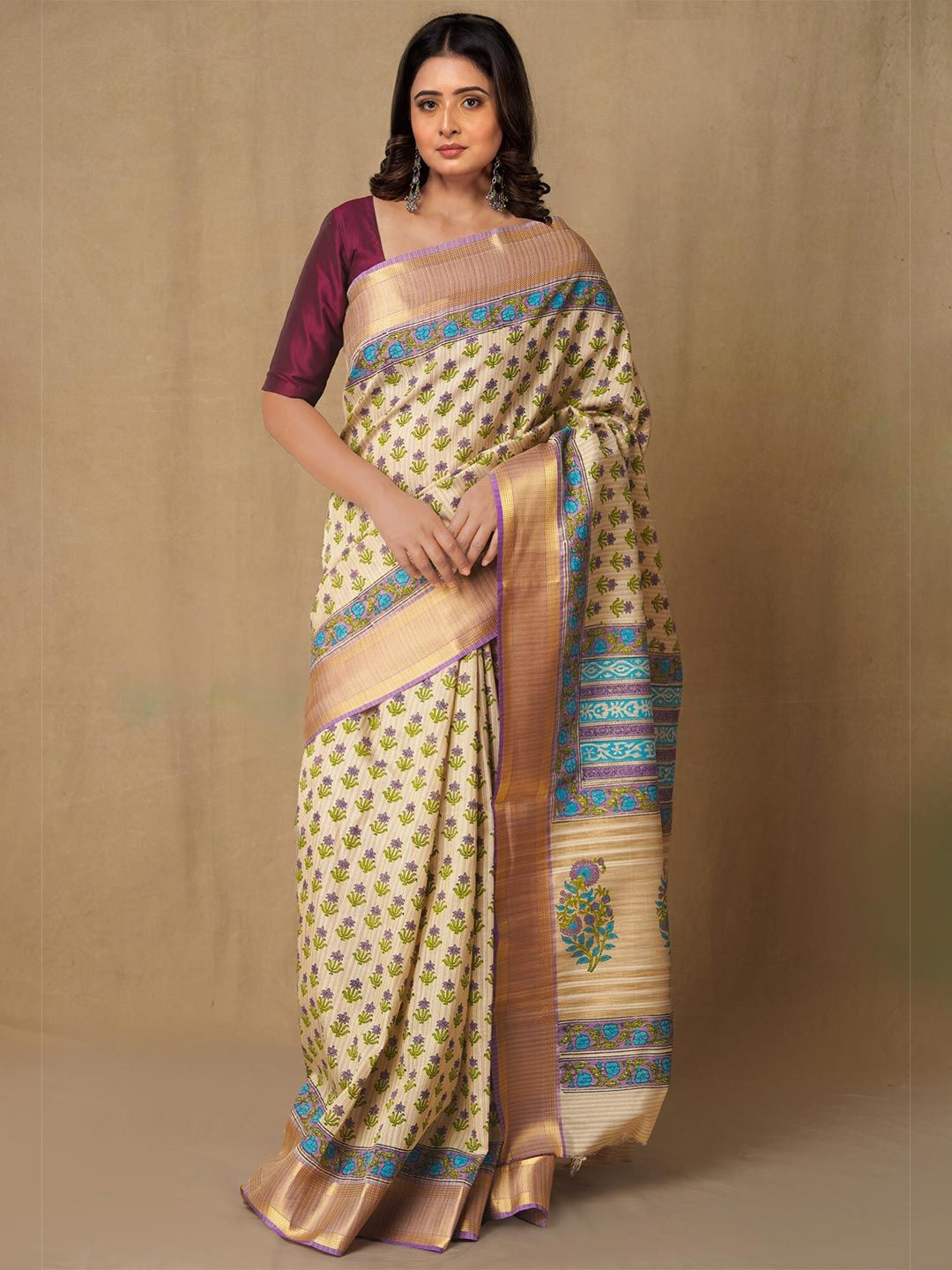 Unnati Silks Women Cream-Coloured & Blue Ethnic Motifs Zari Silk Blend Tussar Saree Price in India