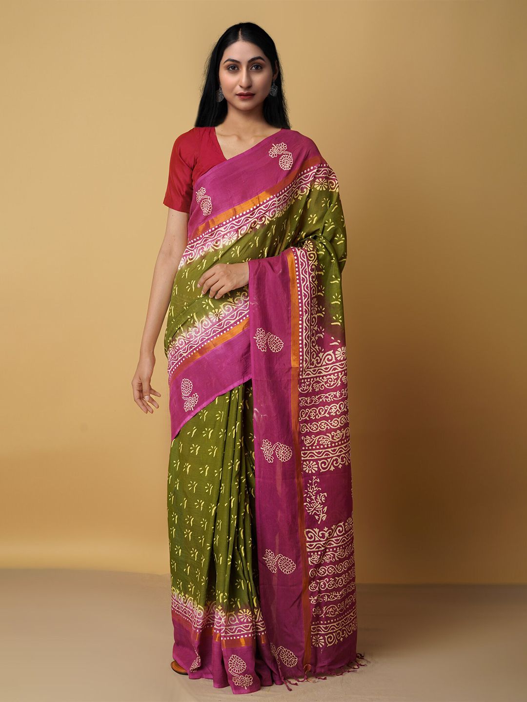 Unnati Silks Green & Pink Ethnic Motifs Silk Blend Baluchari Saree Price in India