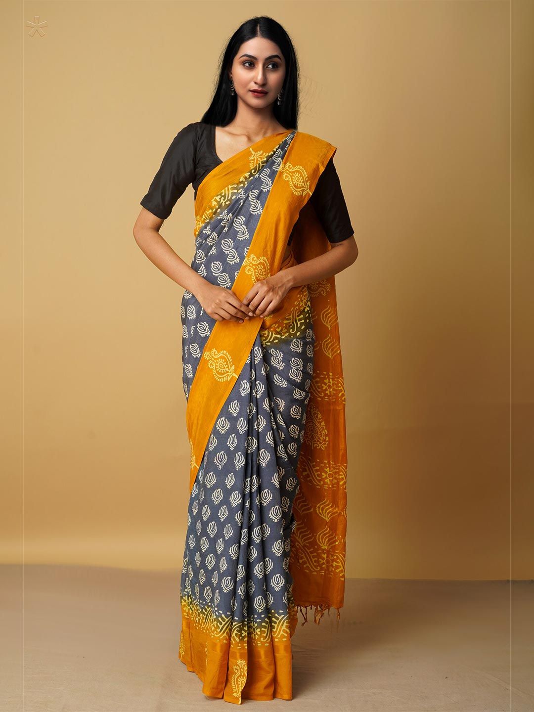 Unnati Silks Green & Yellow Ethnic Motifs Zari Silk Blend Baluchari Saree Price in India