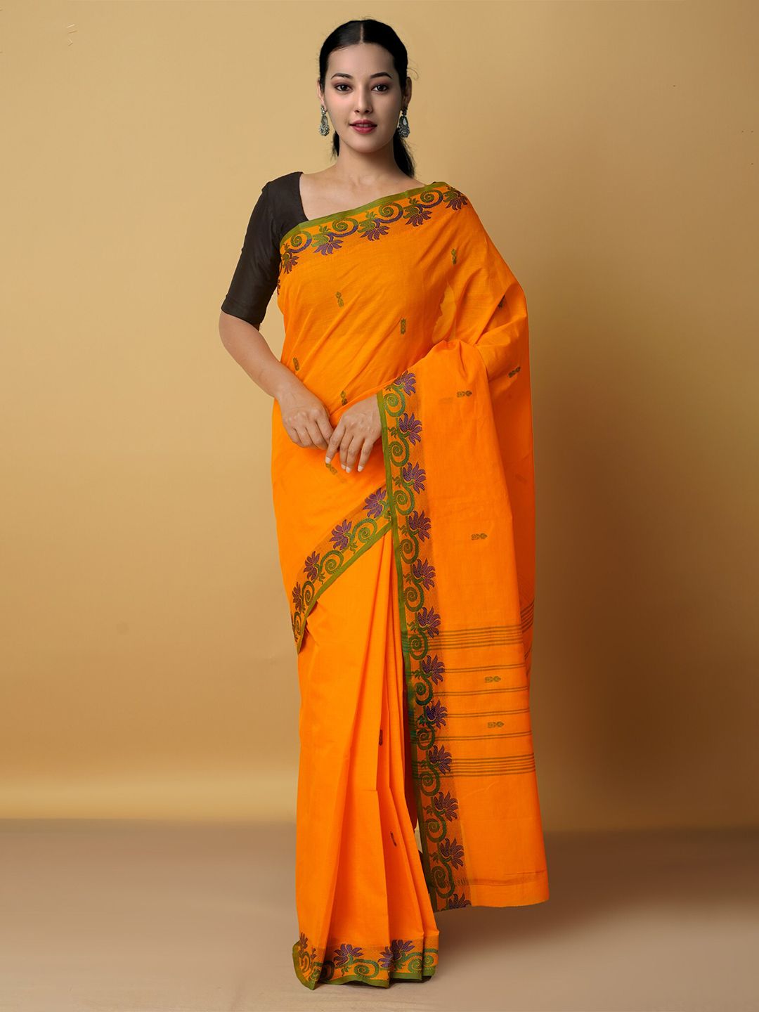 Unnati Silks Orange & Green Woven Design Pure Cotton Venkatgiri Saree Price in India