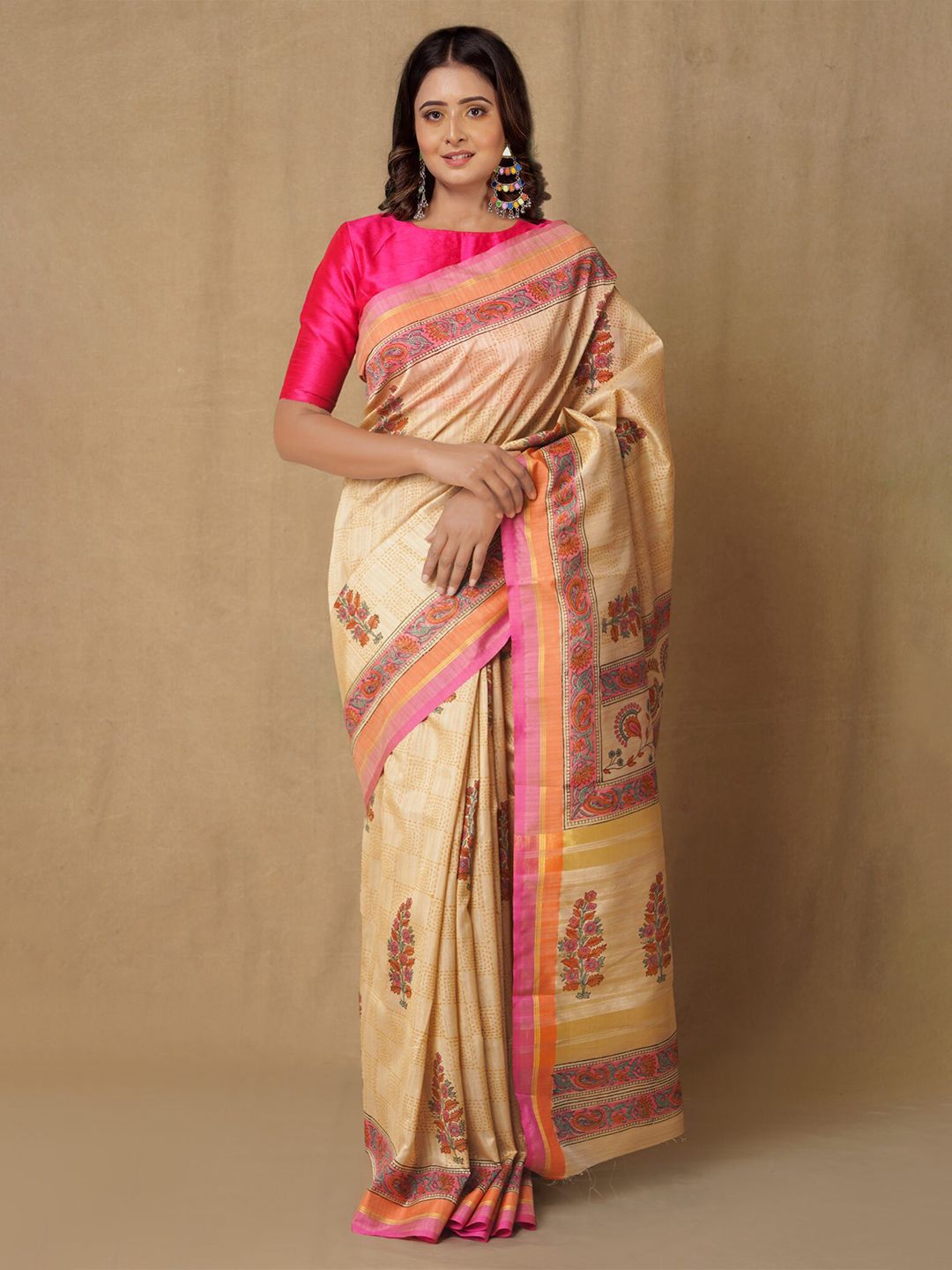 Unnati Silks Brown & Pink Ethnic Motifs Zari Silk Blend Tussar Saree Price in India