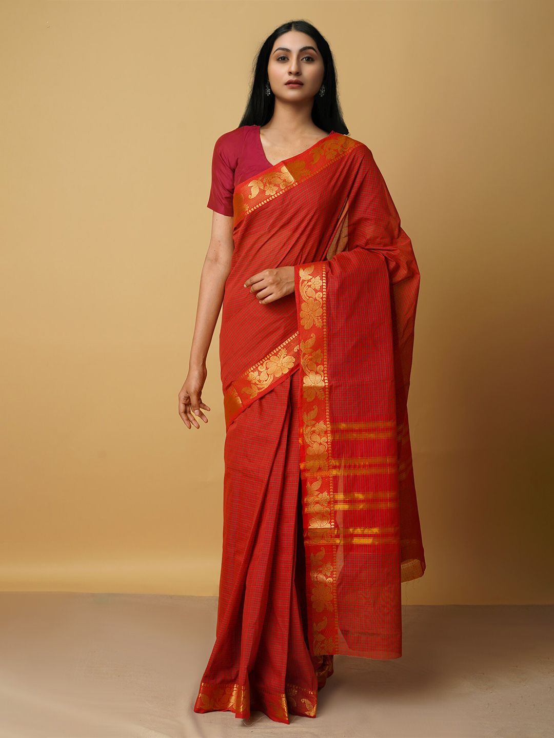 Unnati Silks Red & Gold-Toned Woven Design Zari Pure Cotton Venkatgiri Saree Price in India