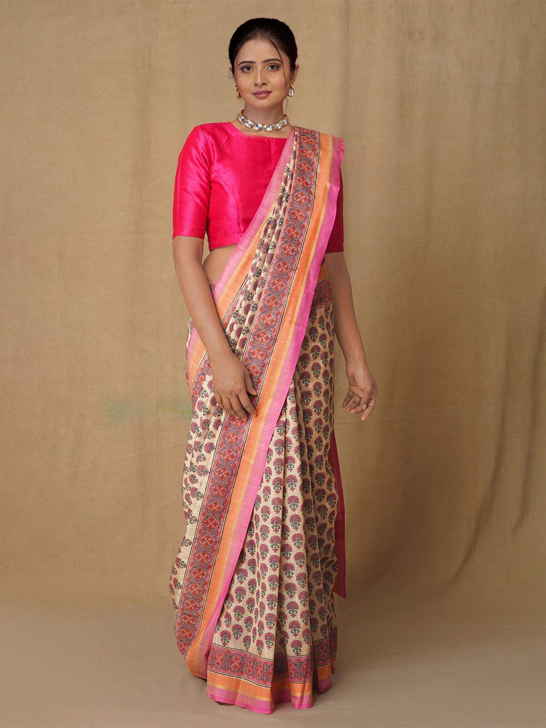 Unnati Silks Cream & Brown Ethnic Motifs Silk Blend Tussar Saree Price in India
