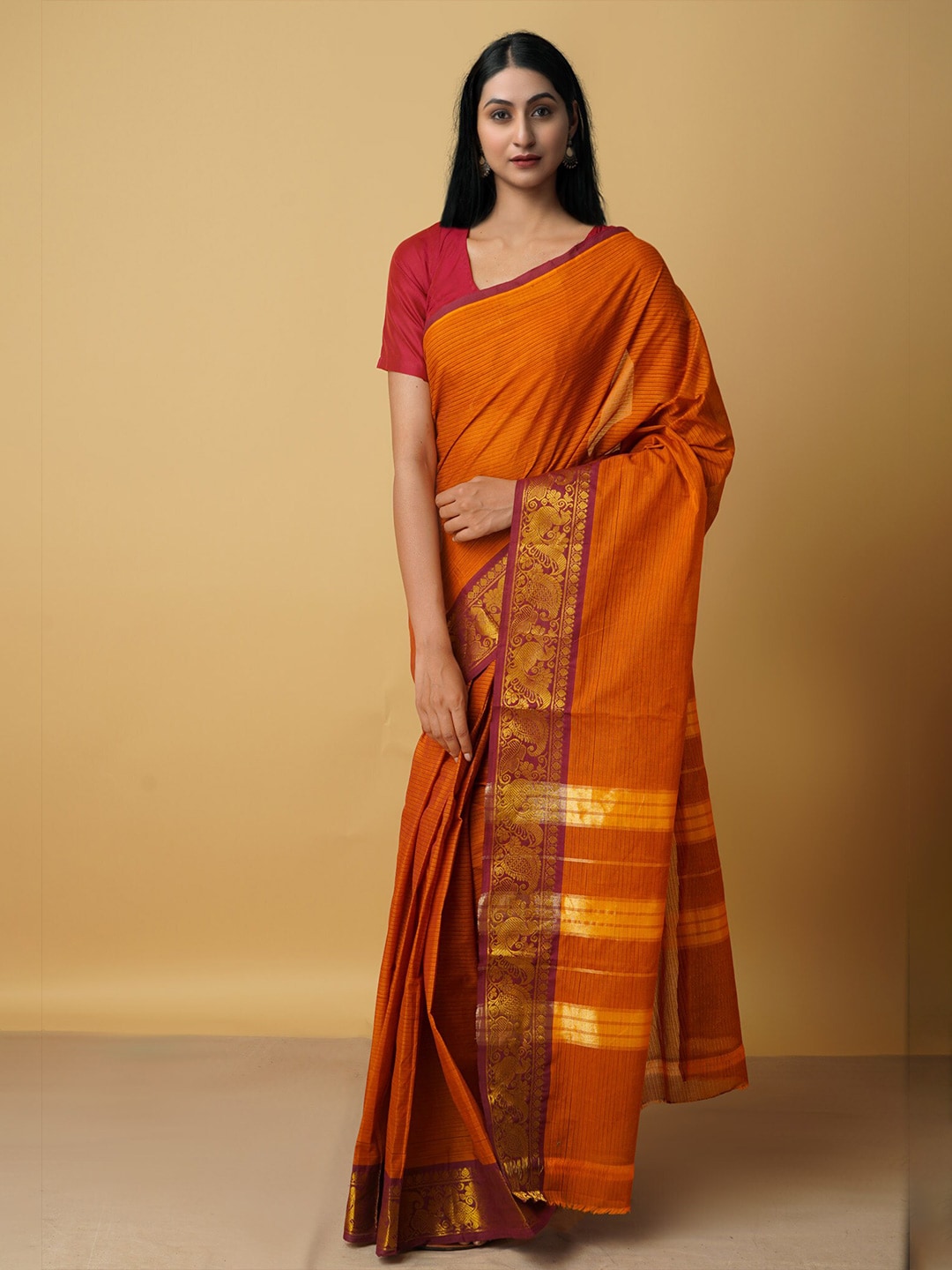 Unnati Silks Orange & Gold-Toned Woven Design Zari Pure Cotton Venkatgiri Saree Price in India