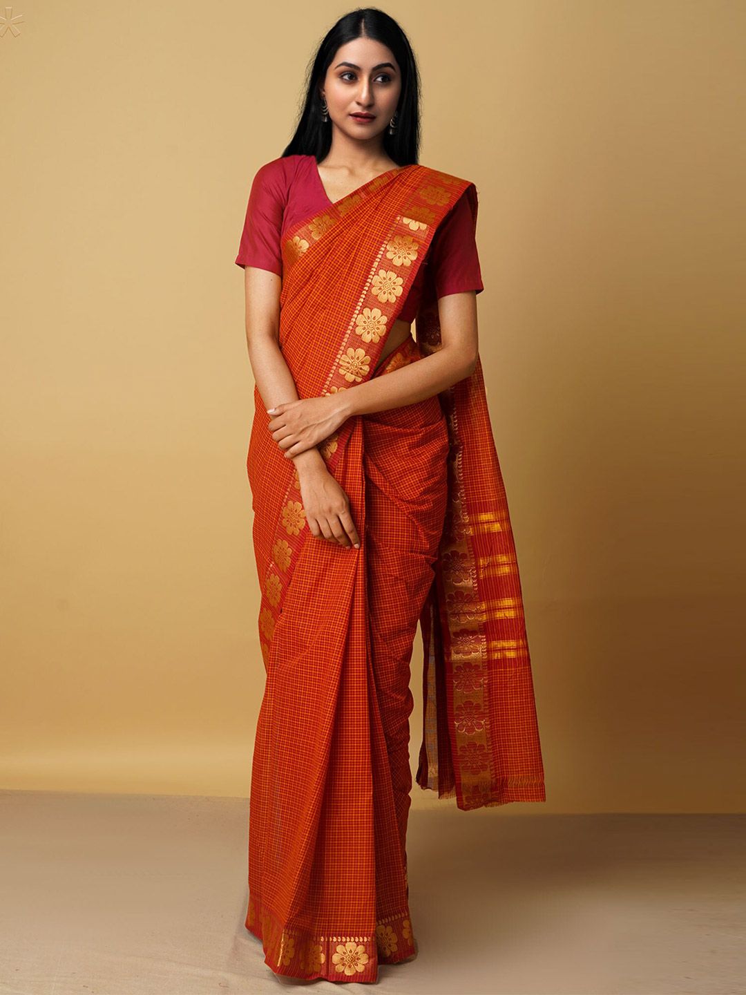 Unnati Silks Women Maroon & Gold-Toned Woven Design Zari Pure Cotton Venkatgiri Saree Price in India