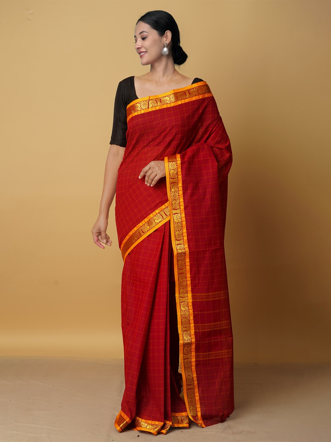 Unnati Silks Yellow & Orange Checked Zari Pure Cotton Venkatgiri Saree Price in India