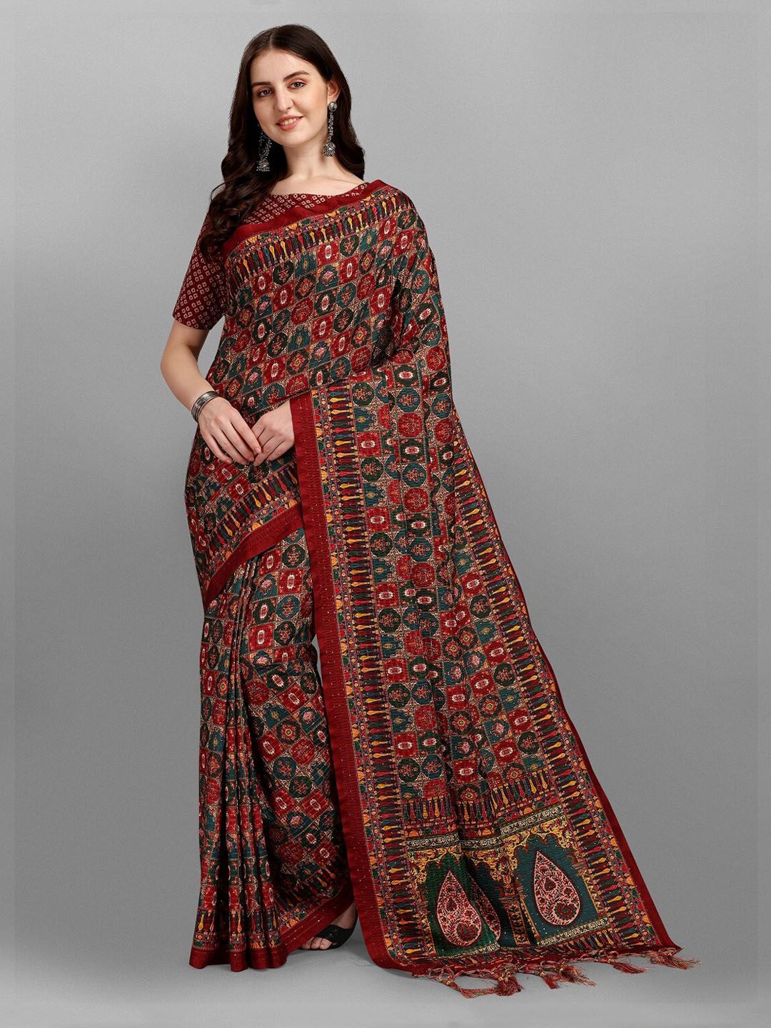 Fashion Basket Red & Black Ethnic Motifs Silk Blend Saree Price in India