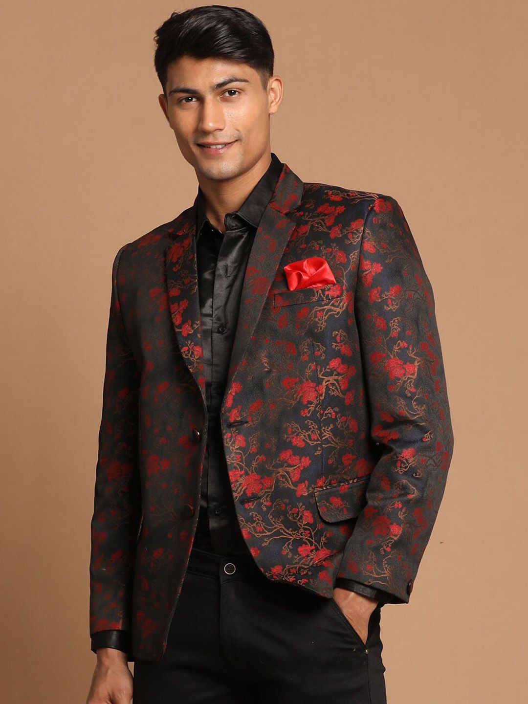 VASTRAMAY Men Maroon Self-Design Single-Breasted Blazers