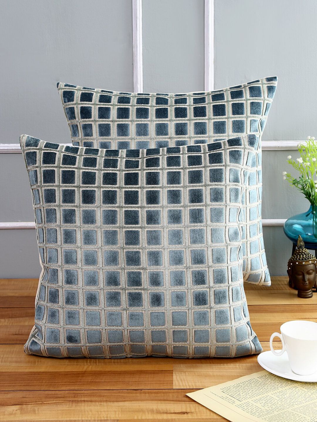 Just Home Teal Set of 2 Geometric Square Cushion Covers Price in India