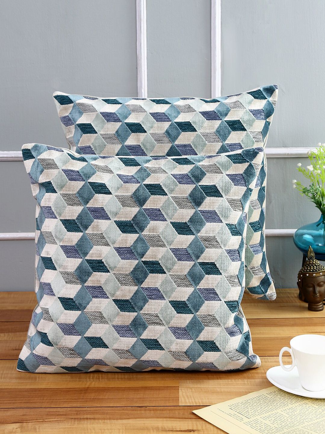 Just Home Teal Set of 2 Geometric Square Cushion Covers Price in India