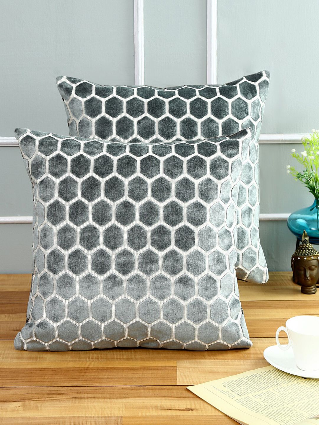 Just Home Grey & White Set of 2 Geometric Square Cushion Covers Price in India