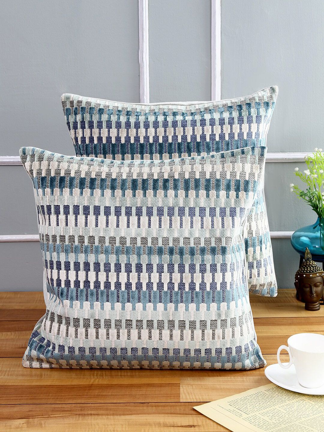 Just Home Teal & White Set of 2 Geometric Square Cushion Covers Price in India
