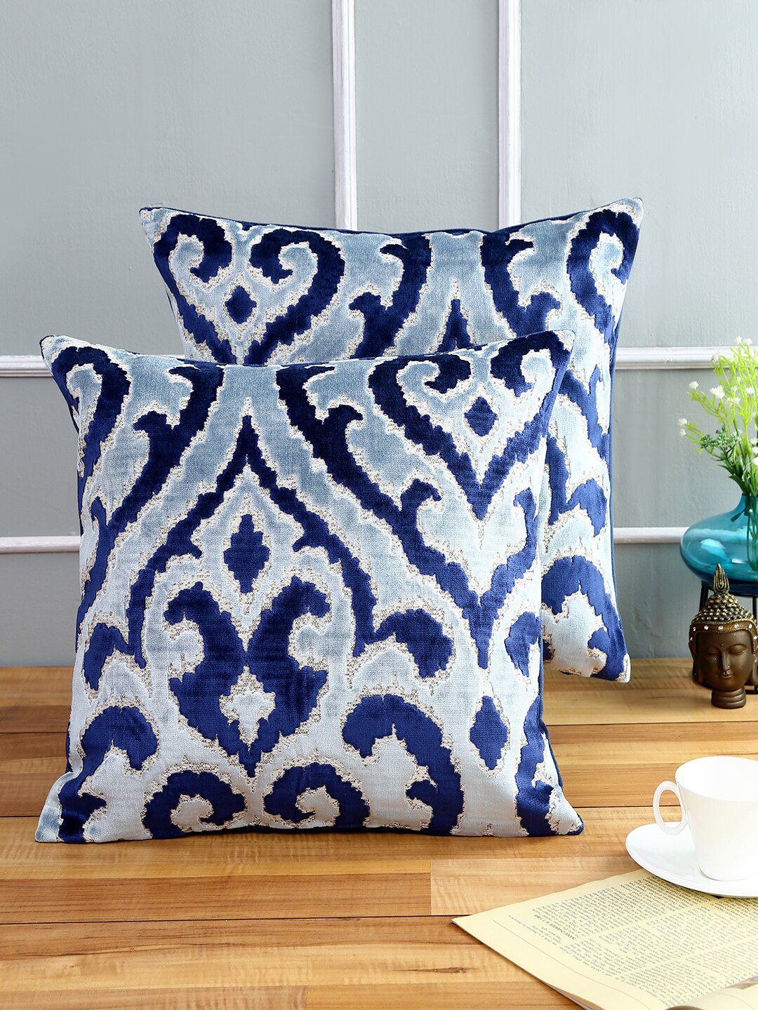 Just Home Navy Blue Set of 2 Geometric Square Cushion Covers Price in India