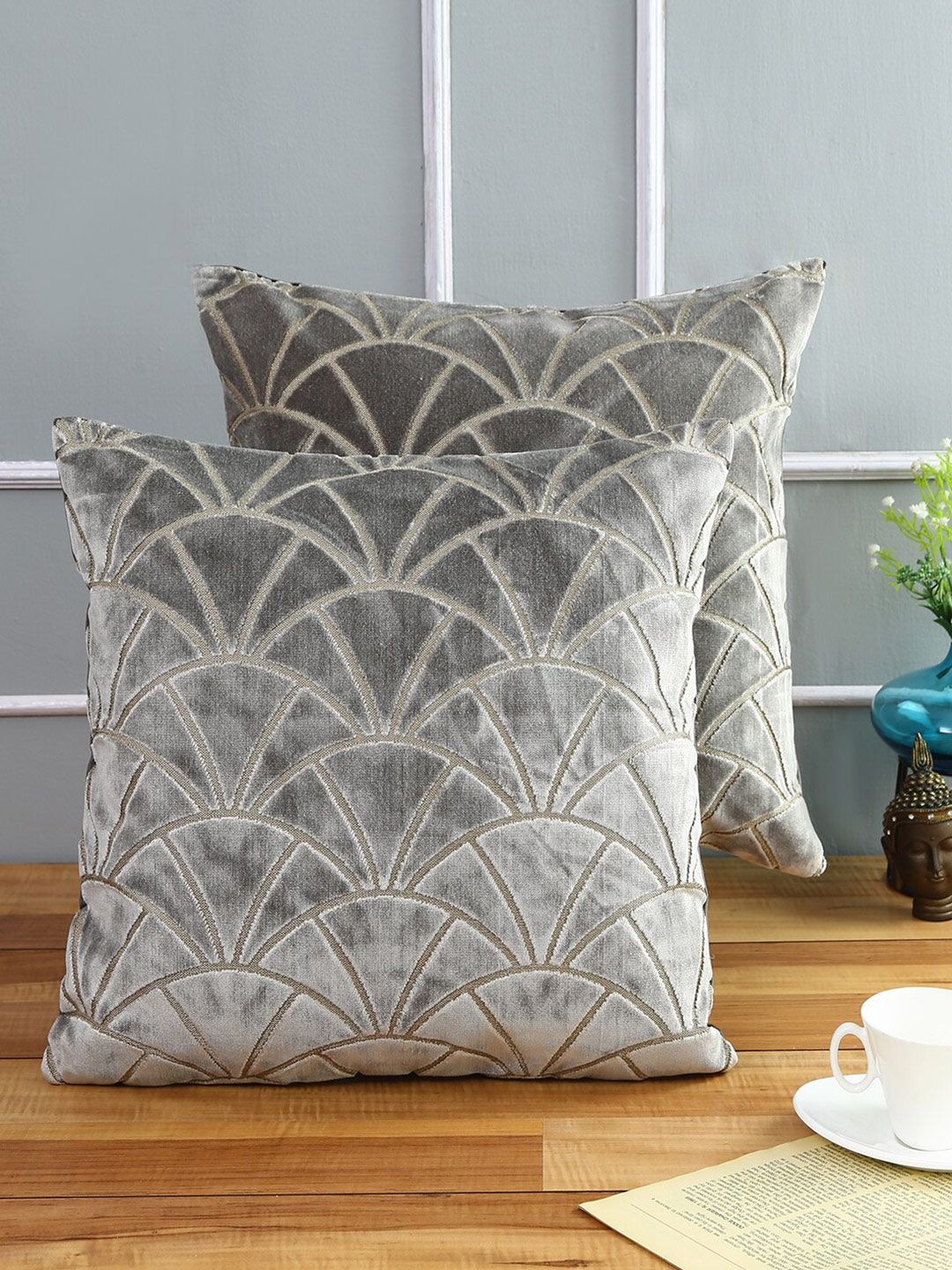 Just Home Grey Set of 2 Geometric Square Cushion Covers Price in India